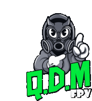 a logo for qim fpv has a cartoon character wearing a gas mask