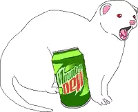 a white cat is holding a can of mountain dew