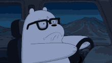 a cartoon bear wearing glasses is driving a car at night