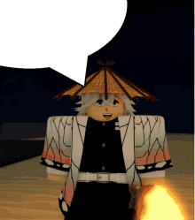 a cartoon character with a straw hat and a speech bubble above his head