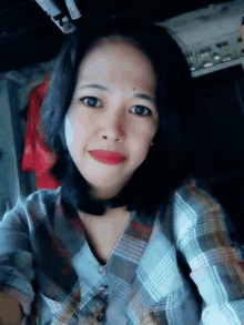 a woman wearing a plaid shirt and red lipstick smiles for the camera