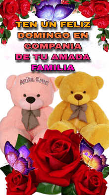 two teddy bears are surrounded by red roses and purple butterflies