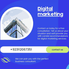 a blue advertisement for digital marketing with a building in the background