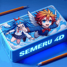 a blue box that says semeru 4d with a boy and a girl on it