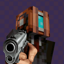 a person holding a gun in front of a minecraft block