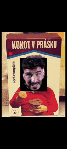 a box of kokot v prasku cereal has a picture of a man on the front