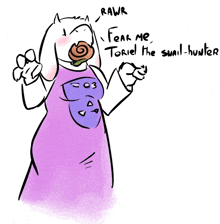 a drawing of a goat that says rawr fear me toriel the snail-hunter on it