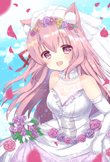 a pink haired anime girl in a wedding dress with flowers on her head