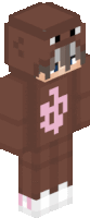 a minecraft character wearing a brown hoodie with a pink letter h on it