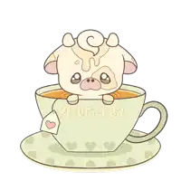 a drawing of a cow in a cup of priori-tea