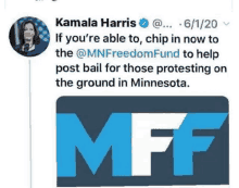 a tweet from kamala harris that says if you 're able to chip in now to the mnfreedom fund