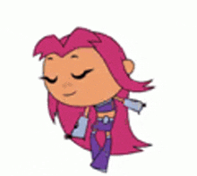 a cartoon of a girl with pink hair and purple pants is standing with her eyes closed .