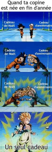 a collage of dragon ball z characters with the caption " quand ta copine est née en fin d' annee "