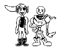 a black and white pixel art of a skeleton and an elf standing next to each other on a white background .