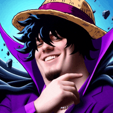 a man with a straw hat and a purple cape