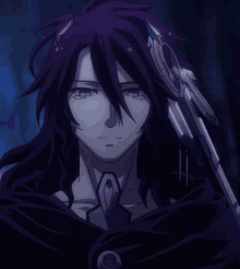 a man with long purple hair is holding a gun in his hand