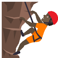 a man wearing a red helmet is climbing a mountain