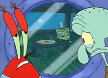 a cartoon of spongebob and squidward looking at each other through a window