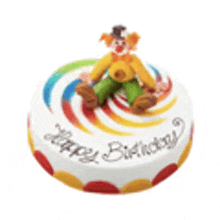 a birthday cake with a clown on top and the words happy birthday