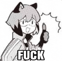 a black and white drawing of a girl with cat ears giving a thumbs up and the word fuck .