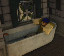 a cartoon character is laying in a bathtub with a stained glass window behind him