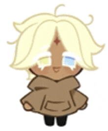 a cookie run character with blonde hair and a brown cape is standing in front of a white background .