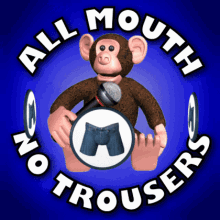 an all mouth no trousers logo with a monkey holding a magnifying glass