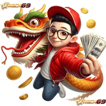 a boy in a red jacket is holding a bunch of money in front of a dragon with the number 69 on the bottom