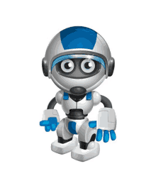 a robot with a blue helmet and headphones