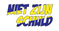 blue and yellow letters that say niet zijn schild on a white background