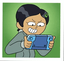 a cartoon of a girl holding a nintendo switch in her hands