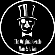 a logo for the original gentle man and a van shows a man wearing a top hat and bow tie .