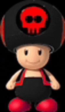 a toad with a red skull on his hat is wearing a black and red outfit .