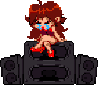 a pixel art of a girl sitting on a speaker .