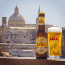 a bottle of cisk lager beer next to a glass of beer