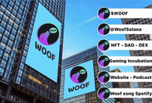 the word woof is on a large sign outside of a building