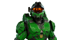 a green armored soldier with a helmet and goggles on a white background