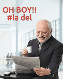 an older man in a suit is reading a newspaper and drinking a cup of coffee