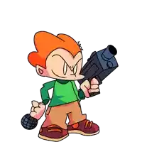 a cartoon character holding a microphone and a gun