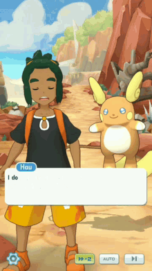 a screenshot of a video game with a character named hau talking to a pokemon