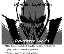 a black and white drawing of a man with purple eyes and the words domain expansion rewritten world