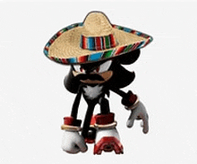 shadow the hedgehog is wearing a mexican sombrero and gloves .