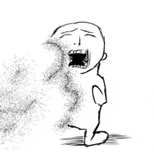 a black and white drawing of a person screaming with their mouth open and dust coming out of it .