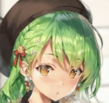 a close up of a girl with green hair and a hat .