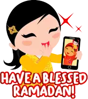 a cartoon of a girl holding a cell phone with the words have a blessed ramadan below her