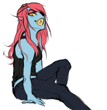 a drawing of a girl with long red hair and blue skin