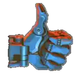 a blue robotic hand is giving a thumbs up sign