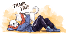 a drawing of a skeleton laying down with a dog and the words thank you written above them