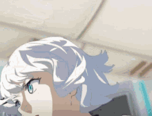 a girl with white hair and blue eyes is looking up