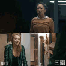 two women standing next to each other with killing eve written on the top